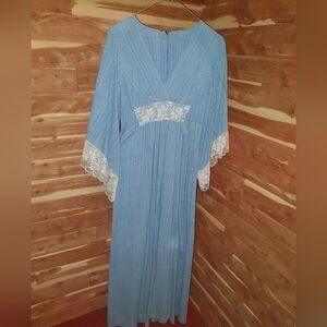 Vintage 70s Blue Maxi Dress with Lace Accents